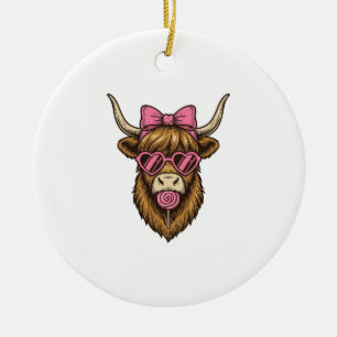 Schattige Hoogland Koe met Roze Hart Bril Vector_1 Keramisch Ornament