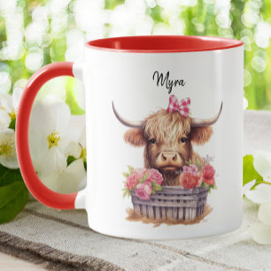 Schattige Hoogland Koe Roze Bloemen Waterverf Vale Mok