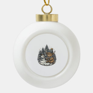 Schattige Hoogland Koe Sneeuwman Winter T-shirt On Keramische Bal Ornament