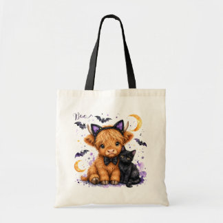 Schattige Hoogland Koe Zwarte Kat Halloween Waterv Tote Bag