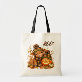 Schattige Hooglandkob en Jack O Lantern Aquarel Tote Bag