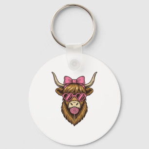 Schattige Hooglandkoe met Roze Hart Bril Vector_1 Sleutelhanger