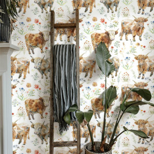 Schattige Hooglandrunderen & Wilde Bloemen Behang