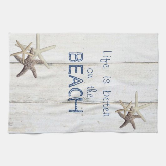 Schattige houtextuur, Starfish, strand Theedoek (Horizontaal)