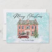 Schattige huis en sneeuwkerstflat feestdagenkaart (Voorkant)