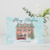 Schattige huis en sneeuwkerstflat feestdagenkaart (Staand voorkant)