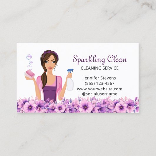 Schattige huis schoonmaakservice Maid Floral Visitekaartje (Voorkant)