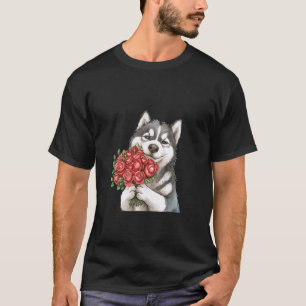 Schattige Husky-hond met rode rozen Aquarel Kunst T-shirt