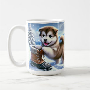Schattige Husky Puppy Speelt in Besneeuwd Winterla Koffiemok