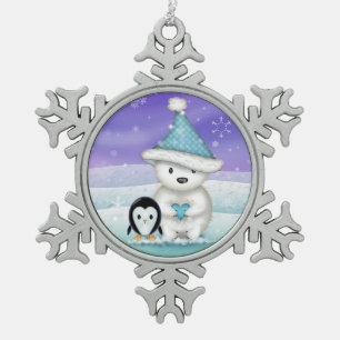 Schattige ijsbeer en pinguïn tin sneeuwvlok ornament