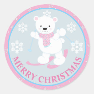 Schattige ijsbeer en sneeuwvlokken Roze Kerstmis Ronde Sticker