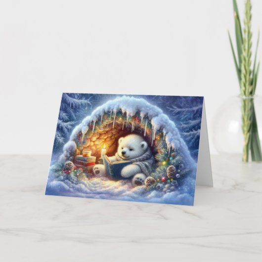 Schattige ijsbeer leest KJV Bijbelvers met Kerst Feestdagen Kaart (Voorkant)