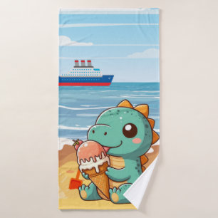 Schattige ijsje eten dino op het strand badhanddoek