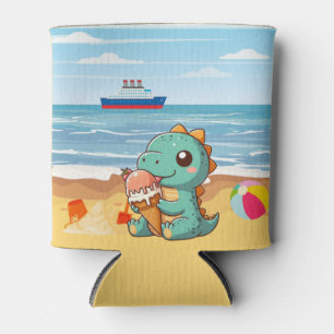 Schattige ijsje eten dino op het strand blikjeskoeler