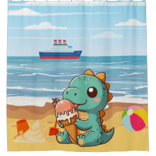 Schattige ijsje eten dino op het strand douchegordijn