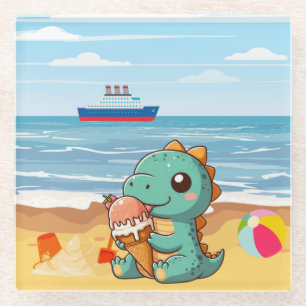 Schattige ijsje eten dino op het strand glazen onderzetter