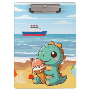 Schattige ijsje eten dino op het strand klembord