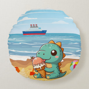 Schattige ijsje eten dino op het strand rond kussen