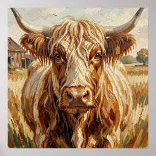 Schattige Impasto Koe op Rustieke Ranch Poster