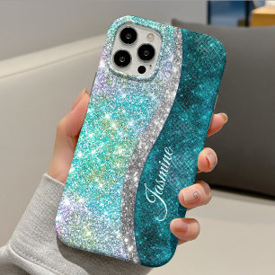 Schattige iriserende turquoise nepschitter monogra iPhone 13 hoesje