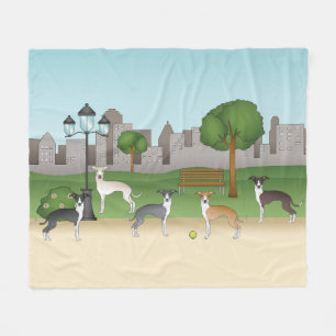 Schattige Italiaanse Greyhound-honden in park cart Fleece Deken