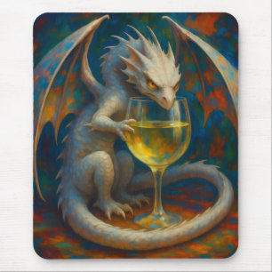 Schattige Ivoren Draak & Witte Wijn Fantasie Kunst Muismat