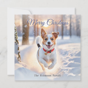 Schattige Jack Russell-hond Winter Sneeuw Kerstmis Feestdagenkaart