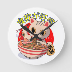 Schattige Japanse kat die noedels eet met eetstokj Ronde Klok