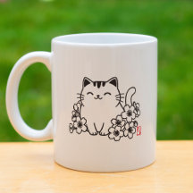 Schattige Japanse kat en Sakura met "Neko" stempel