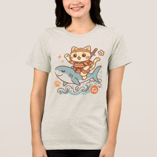 Schattige Japanse Kawaii Samurai Kat op Haai Rijde Tri-Blend Shirt