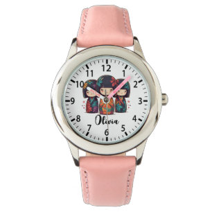 Schattige Japanse Kokeshi-poppen Horloge