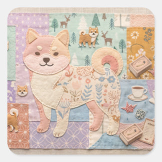 Schattige Japanse Shiba Inu Patchwork Bloemmotief Vierkante Sticker