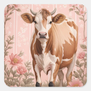 Schattige Jersey Koe Roze Bloemen Vierkante Sticker