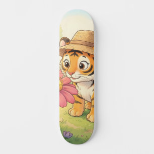 Schattige jonge tijger met hoed in de tuin skateboard