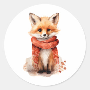 Schattige jonge vos in een rode sjaal ronde sticker