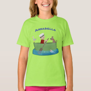 Schattige jongen en hond die in een boot roeien ca t-shirt