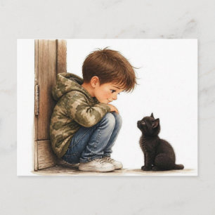 Schattige jongen en klein zwart katje briefkaart