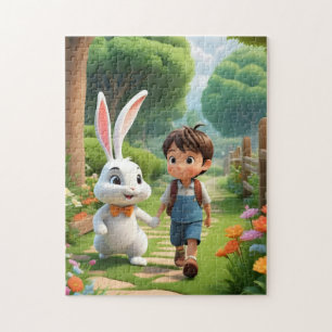 Schattige Jongen en Reusachtige Witte Konijn Tuinp Legpuzzel