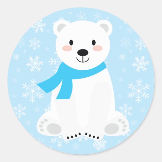 Schattige Jongen Ijsbeer Winter Sneeuwvlok Blauw Ronde Sticker (Voorkant)