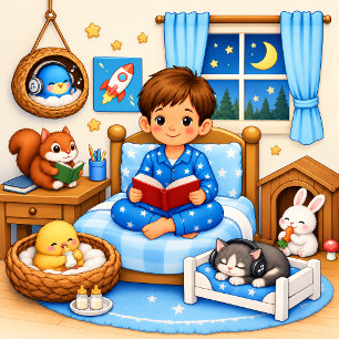 Schattige Jongen Leest Bosdieren Kinderkamer Pos Poster