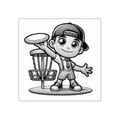 Schattige jongetje speelt diskgolf 	rubberstempel (Afrduk)