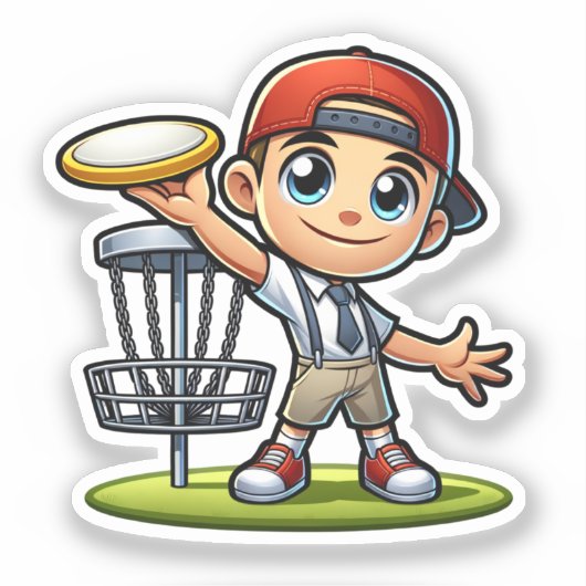 Schattige jongetje speelt diskgolf sticker (Voorkant)