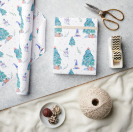 Schattige Kabouters Waterverf Blauwe Kerst Sneeuwb Cadeaupapier