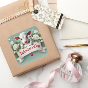 Schattige kalf met Valentijnsdag begroetingsbanner Vierkante Sticker