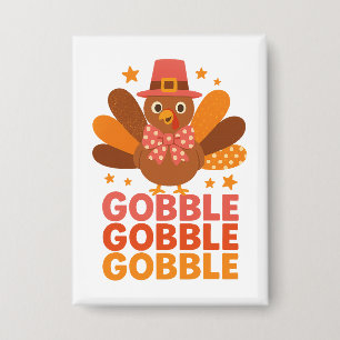 Schattige kalkoen Gobble Gobble Gobble Thanksgivin Button