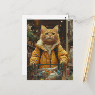 Schattige kaneelkleurige kat boodschappen doen briefkaart
