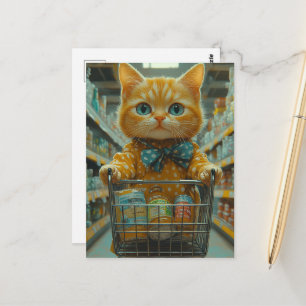 Schattige kaneelkleurige kat doet boodschappen briefkaart