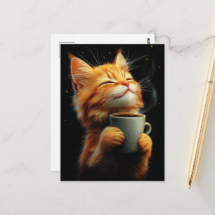 Schattige kaneelkleurige kat met een kopje koffie briefkaart
