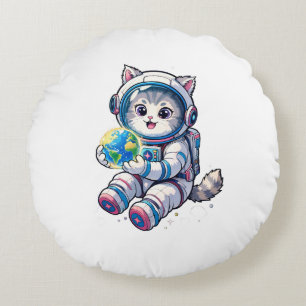 Schattige kat-astronaut die Cartoon-aarde ruimteku Rond Kussen