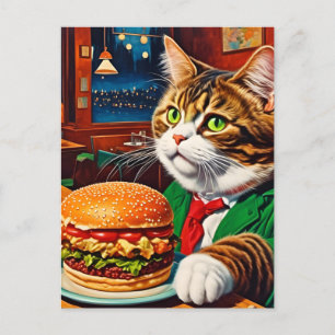 Schattige Kat bij een  Diner Cheeseburger Briefkaart